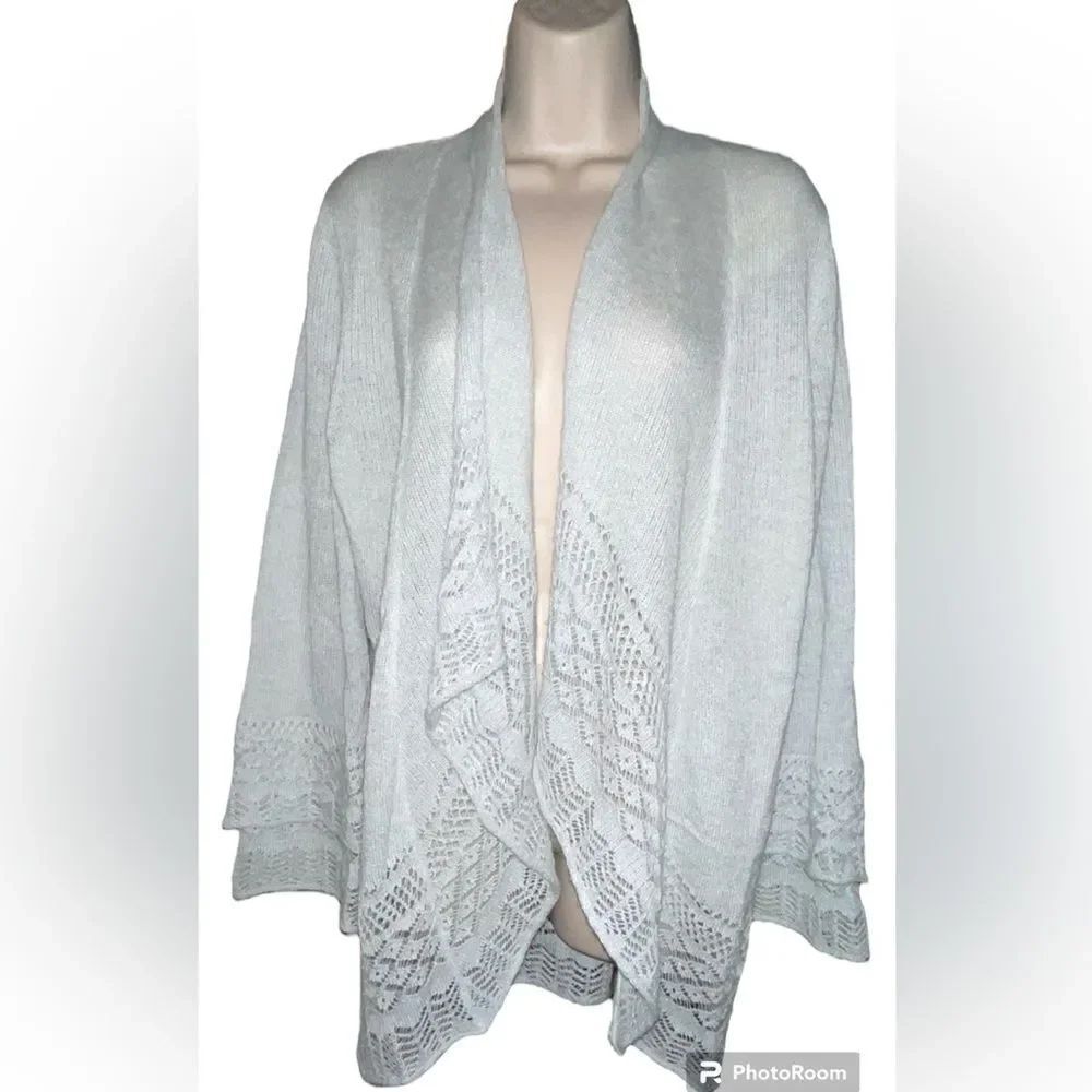 Loft Womens Open Front Cardigan Sweater Gray Shawl Collar Crochet Knit Boho XL